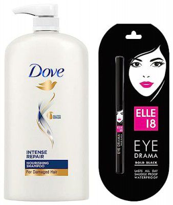 Dove Intense Repair Shampoo, 1L & Elle 18 Eye Drama Kajal, Bold Black, 0.35g