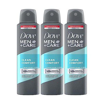 Dove Men+Care Clean Comfort Dry Spray Antiperspirant Deodorant, Up To 48 Hrs Protection From Sweat & Odour, Instantly Dry For Cleaner Feel, Moisturises Skin, Clean, Crisp Scent, 150 Ml (Pack Of 3)