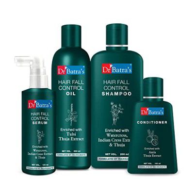 Dr Batra's Hair Fall Control Serum - 125 ml, Conditioner - 100 ml Hair Fall Control Oil - 200 ml and Hair Fall Control Shampoo - 200 ml, Combo kit, Enriched with Thuja & Henna (Pack of 4)