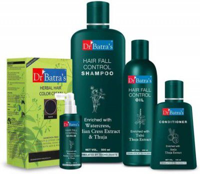 Dr Batras Hair Fall Control Serum-125 ml, Conditioner - 100 ml, Hair Fall Control Oil- 200 ml, Herbal Hair Color Black and Hair Fall Control Shampoo - 500 ml  (5 Items in the set)