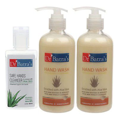 Dr Batras Hand Wash|Aloe Vera|10x Better Protection Against Germs - 300 ml (Pack of 2) and Safe Hands Cleanser|Aloe vera - 100 ml