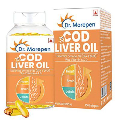 DR. MOREPEN COD Liver Oil Capsules With Natural Omega 3, Natural EPA & DHA |Vitamin D & A | UltraPure & Finest COD Fish Pack of 100 Softgels