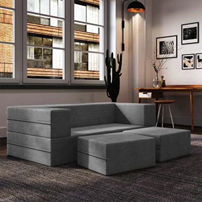 Dr. Smith Folding Sofa | 5x6 Feet, 2 - Seater | Sofa Cum Bed Jute Fabric Washable Cover with 2 Pouffe/Foot Stools - Grey Color