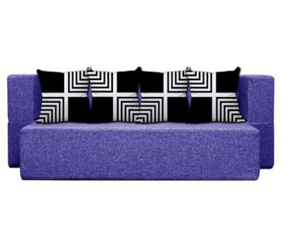 Dr. Smith Three Seater Sofa Cum Bed Jute Fabric | 70x46x11 Inches, 3 Sits and 2 Sleeps| Washable Cover with 4 Printed Cushions - Color Purple