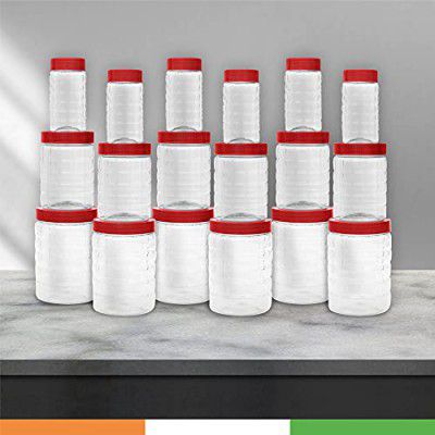 Duraware Pet plastic Bottles/Grocery Jars | Stackable & Transparent | Pack of 18 Red