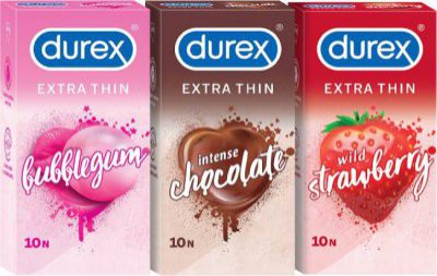 DUREX multiflavored extra thin condoms for men - Bubblegum, Wild Strawberry, Intense Chocolate - 10 count (Pack of 3) | Sensually flavored condoms for fun & adventure Condom (Set of 3, 30 Sheets)