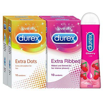 Durex Pleasure Packs (Condoms - 10 Count (Pack of 2, Extra Dots), Condoms - 10 Count (Pack of 2, Extra Ribbed), Pleasure Gel - 50 ml (Cherry))