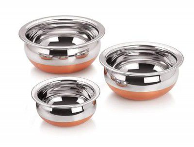 Dynore Stainless Steel 3 Pcs Handi Set with Copper Bottom Base for Kitchen and Serving Without Lid