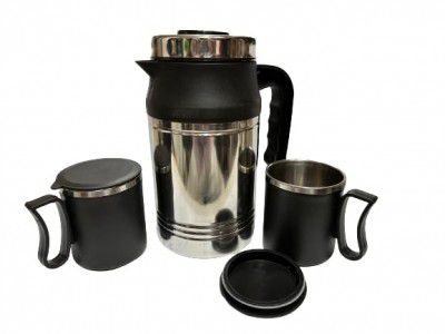 Dynore Stainless Steel 800 ml of Thermos with 2 Black Travel Mug- Set of 3