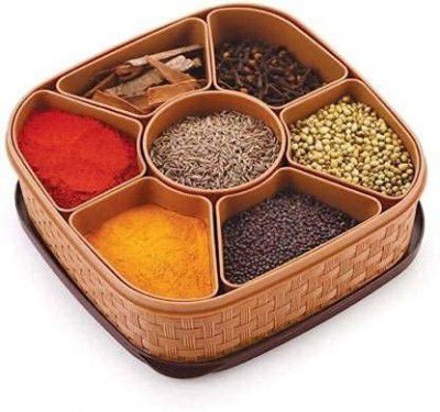 E-COSMOS Plastic Square 7 Sections Multipurpose Masala Rangoli Dabba Box Set, Spice Box Set - Brown (Masala Box - 7 in 1)