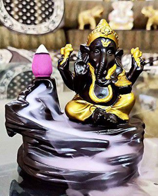 eCraftIndia Lord Gold Ganesha Smoke Backflow Cone Incense Holder Decorative Showpiece with 10 Free Smoke Backflow Scented Cone Incenses