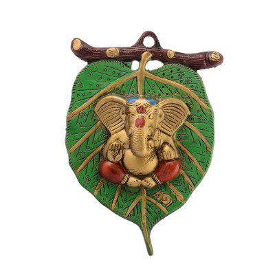 eCraftIndia Metal Lord Ganesha in Red Dhoti on Green Leaf Wall Hanging (AGG512_GN), Multicolour