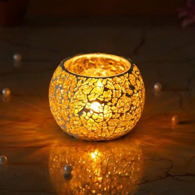 eCraftIndia Yellow Mosiac Glass Decorative Tea Light Holder/Diya