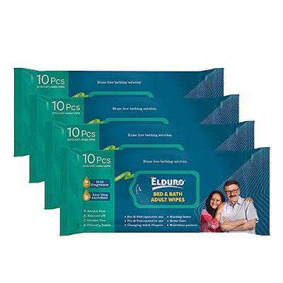 ELDURO Wipes, Wet Wipes, Wet Wipes for Face, Wet Wipes for Cleaning, Wet Tissues Wipes for Adults Bed and Bath Unisex Adult, Alcohol free, Aloe vera Enriched, Paraben Free (Pack of 4 X 10=40)