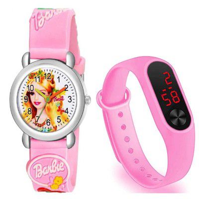 Emartos Pink Barbie Analogue and Digital LED Display Watch for Kid's & Girl's Watches Combo Pack of 2