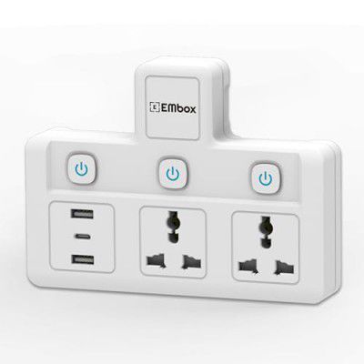 EMBOX Multi Plug Socket with Type C Port Individual Switch-Cordless Extension Board with 2 Sockets 2 USB A & 1 USB C Slot -2500W