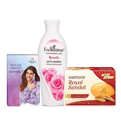 Enchanteur Romantic Hand and Body Lotion 100ml + Yardley Perfume 10ml + Santoor Royal Sandal Soap 75g