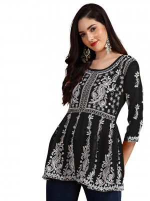 EthnicJunction Women's Georgette Chikankari Embroidered Short Kurti