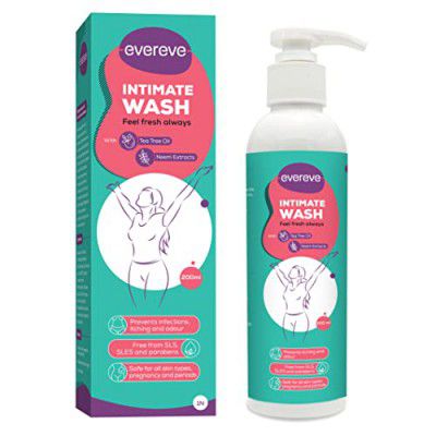 Evereve Intimate Wash for Women with Tea Tree Oil & Neem Extract 200ml, Anti-bacterial wash, prevents itching & odour, Maintains pH balance, For all skin types, safe during pregnancy & periods, 200ml