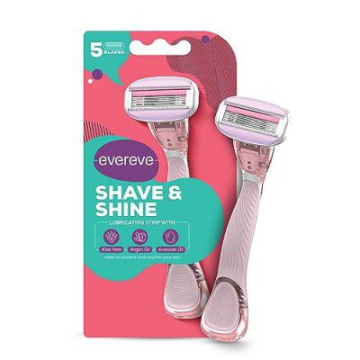 Evereve Shave & Shine 5 blade Razor for women with Aloe Vera, Argan Oil & Avocado Oil, 1 Pc, Flexible & rounded head, Non-slip rubber handle, Protects skin, Quick & Easy hair removal