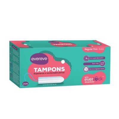 Evereve Tampons, For Regular Menstrual flow, 20 pcs, Super absorption, Safe, Soft & Comfortable, Stain-free periods, Rash-free, Prevents odour, FDA approved, Biodegradable