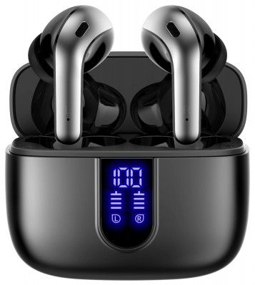 F FUNX Bluetooth Headphones True Wireless Earbuds 60H Playback LED Power Display Earphones with Charging Case, IPX7 Waterproof in-Ear Earbuds with Mic(Black)