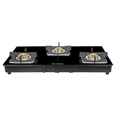 Faber Glass Top 3 Burner Gas Stove (Hob Cooktop Pearl 3BB BK) with Jumbo Burner, Diamond Coated Pan Support, Manual Ignition, Black