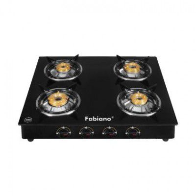 Fabiano FAB-4BR SMART 4 Burner Glass Gas Stove With Manual Ignition ISI Marked (Black)