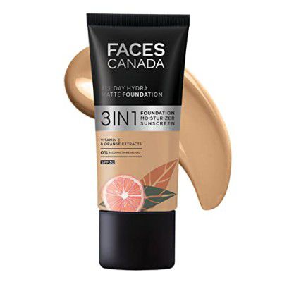 FACESCANADA All Day Hydra Matte Foundation | 3-in-1 Foundation + Moisturizer + SPF 30 | 24 HR Aloe Hydration & Vitamin C | 10HR Long Wear | Medium to High Buildable Coverage | Honey Beige | 25ml