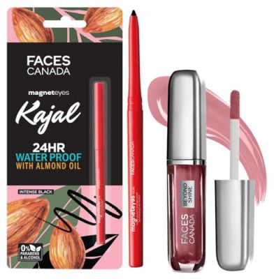 FACESCANADA Lip Gloss Baebe 03 (Glossy) & FACES CANADA Magneteyes Kajal - Black, 0.35g | 24 Hr Long Stay | One Stroke Smooth Glide | Waterproof, Smudgeproof & Fadeproof | Deep Matte Finish