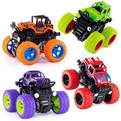 FAMOUS QUALITY® Push and go car Toy 4WD Mini Monster Trucks Friction Powered Cars for Kids Big Rubber Tires Baby Boys Super Cars Blaze Truck Children Gift Toys (Pack of 4 pc)