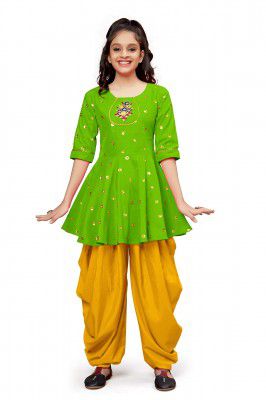 Fashion Dream Girl's Rayon Satin Peplum Kurti Top with Dhoti Pant