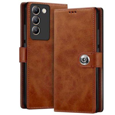 Fashionury Flip Back Cover for Vivo Y200e 5G / Vivo T3 5G | Genuine Leather | Designer Button | Inbuilt Pockets & Stand | Flip Cover Back for Vivo Y200e 5G / Vivo T3 5G (Brown)