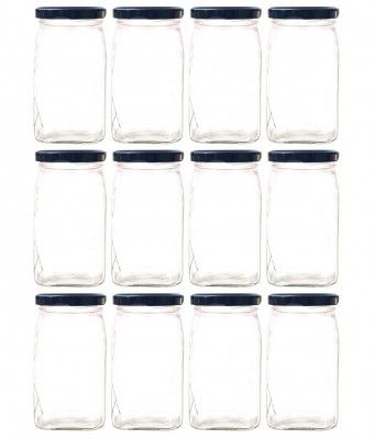 Favola 300 ML (250 Gram) square base glass jar and container with rust-proof air-tight lid - (Pack of 12 pcs)