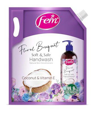 Fem Floral Bouquet Soft & Safe Handwash - 1500 ml | Enriched with Goodness of Coconut Milk & Vitamin E | Long Lasting Fragrance