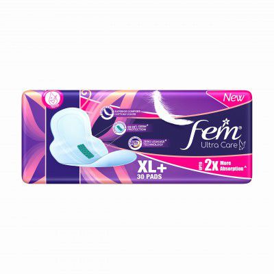 Fem Ultra Care Sanitary Pads for Women - XL+(Pack of 30) with wings| 2X higher absorption technology