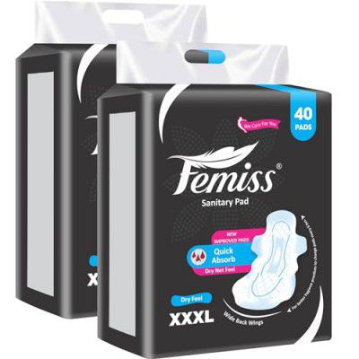 Femiss Soft & Rash Free Sanitary Pads for Women and Girls (XXXL-Size, 320 MM, 80 PCS, 40 Pads Each Pack, Pack of 2)