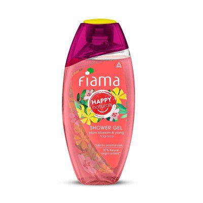 Fiama Happy Naturals shower gel, Plum blossom, and ylang with skin conditioners for moisturized skin, safe on sensitive skin, body wash 250ml bottle