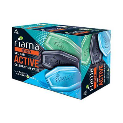 Fiama Men Gel Bar Active Celebration Pack with 3 Unique Gel Bars, Charcoal and Grapefruit, Refreshing Pulse and Energising Sport for Moisturised Skin, 375g (125g - Pack of 3), Soap for Men, For All Sk