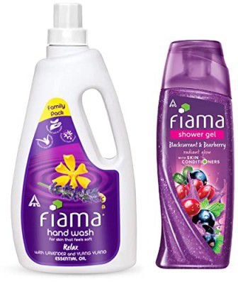 Fiama Relax Moisturizing hand wash, Lavender and Ylang Ylang, 1000ml refill pack & Shower Gel Blackcurrant & Bearberry Body Wash With Skin Conditioners For Radiant Glow, 250ml Bottle