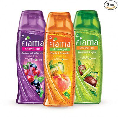 Fiama Shower gel Blackcurrant & Bearberry 250ml, Fiama Shower Gel Peach & Avocado 250ml, Fiama Shower Gel Lemongrass & Jojoba 250ml Celebration pack for moisturized skin (combo of 3 bodywash)