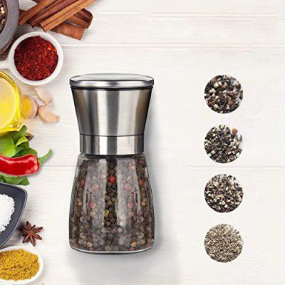 Fillable Stainless Steel Grinder - Aadjustable Black Pepper Grinder, Long Lasting Fresh Keeping Spice Grinder, High Glass Blender That Can Be Used for Pepper, Cumin, Sea Salt, Mung Bean (Short)