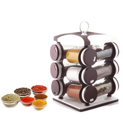 Floraware Plastic Revolving Spice Rack Set, 130ml, Set of 12, Dark Brown