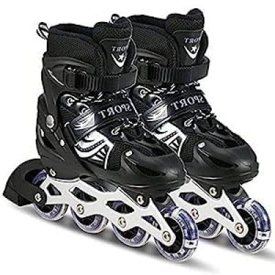 FlyerHigh Adjustable Aluminium Inline Skates Set Skating Shoe with PU Wheel Roller Skates 4 Wheeler for Boys Girls (Black)