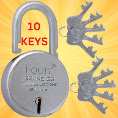 Foora Lock and Keys Door Lock for Home Round 65mm Padlock 10 Keys Double Locking 8 Lever gate, Shop Shutter Good for Rental Apartment(10 Keys Round 65mm)