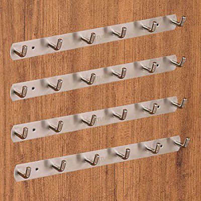 FORTUNE Hook Plate/Hook Patti Stainless Steel Coat Bath Towel Hook Hanger Rail Bar - 6 Hooks, (Pack of 4)