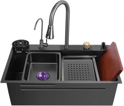 Fossa Waterfall Workstation Kitchen Sink With Pull-Out Faucet Size 75x46cm FS-WF1 Top Mount  (BLACK)