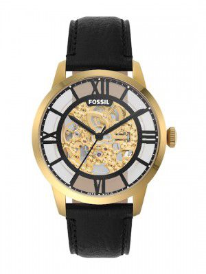 Fossil Men Gold-Toned Skeleton Dial & Black Leather Straps Analogue Automatic Watch ME3210