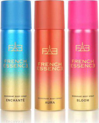 FRENCH ESSENCE Combi Pack of Enchante, Bloom and Aura (50ml Each) Deodorant Spray - For Women  (150 ml, Pack of 3)