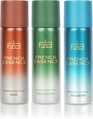 FRENCH ESSENCE Combi Pack of Oud,Triumph,Recharge Deodorant Spray - For Men (150 ml, Pack of 3)